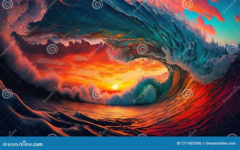 Colorful Ocean Wave Sea Water In Crest Shape Sunset Light And