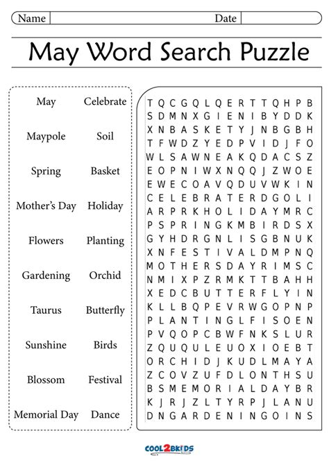 Printable May Word Search Cool2bkids