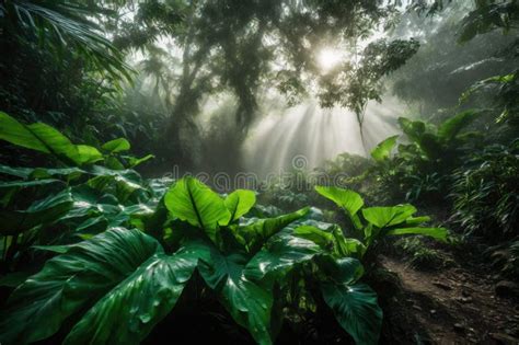 large green leaves in tropical rainforest plant growth and environmental protection concept