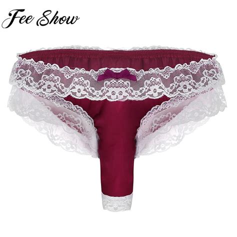 Feeshow Men Male Lingerie Night Soft Shiny Satin Lace Floral Frilly Sissy Briefs Underwear Gay