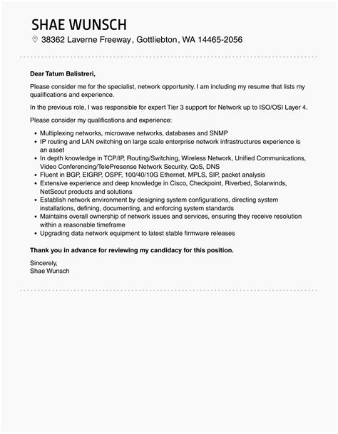 Specialist Network Cover Letter Velvet Jobs