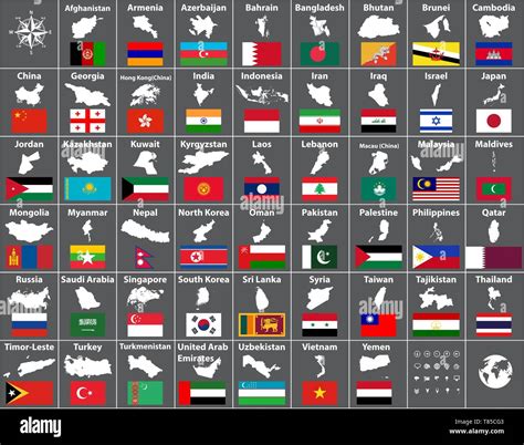 Vector Maps And Flags Of All Asian Countries Arranged In Alphabetical