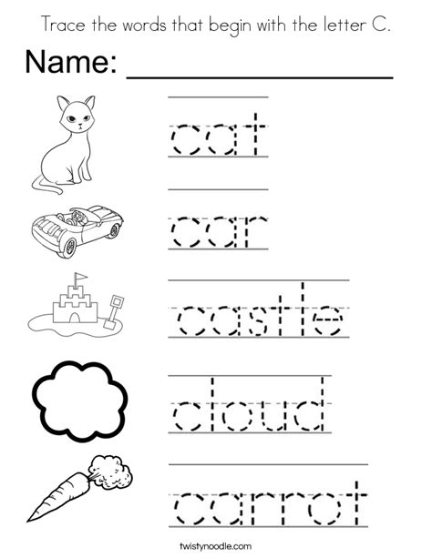 Trace The Words That Begin With The Letter C Coloring Page Twisty Noodle