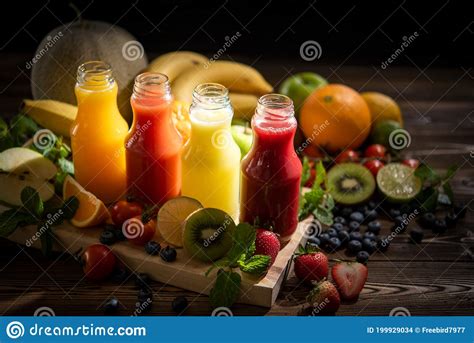 Fresh And Healthy Juices Fruits Various Freshly Squeezed Fruits And