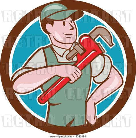 Vector Clip Art Of Retro Cartoon White Male Plumber Holding A Giant