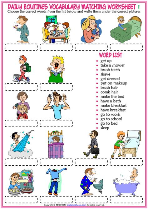 Calam O Daily Routines Vocabulary Esl Matching Exercise Worksheets