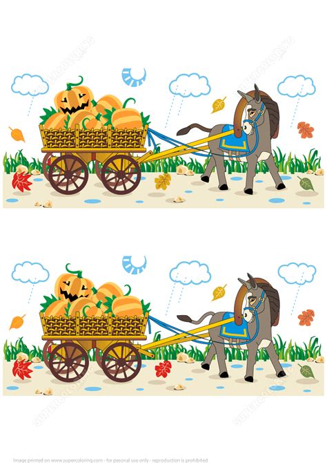 Find 10 Differences Halloween Pictures Of Donkey Pulling A Cart With