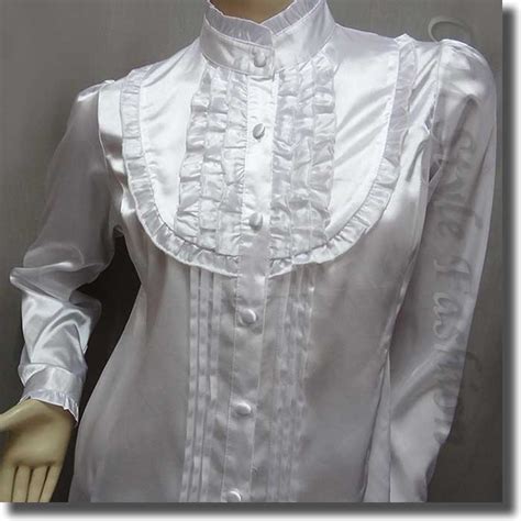 Victorian Style Ruffled Satin Elegant Blouse Shirt Top White