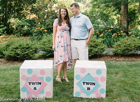 the cutest gender reveal party for twins running in a skirt