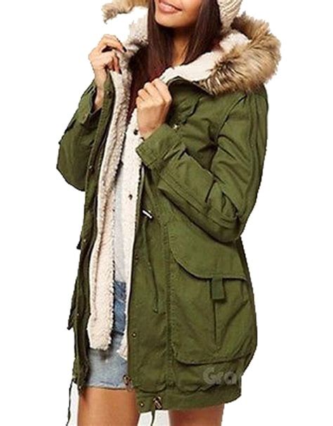 Army Olive Green Womens Thicken Fleece Jacket Winter Warm Coat Hooded