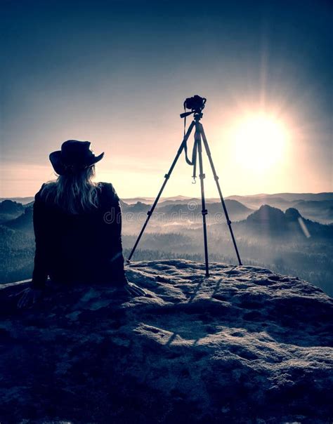 Woman Photographer Take A Rest After Taking Picture Of Landscape Stock Image Image Of Evening