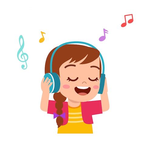 Feliz Niña Niño Lindo Escuchar Buena Música Vector Premium