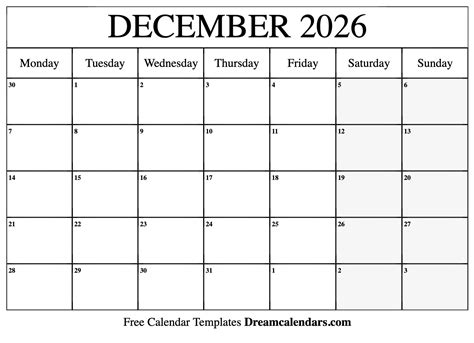 December 2026 Calendar Free Blank Printable Templates