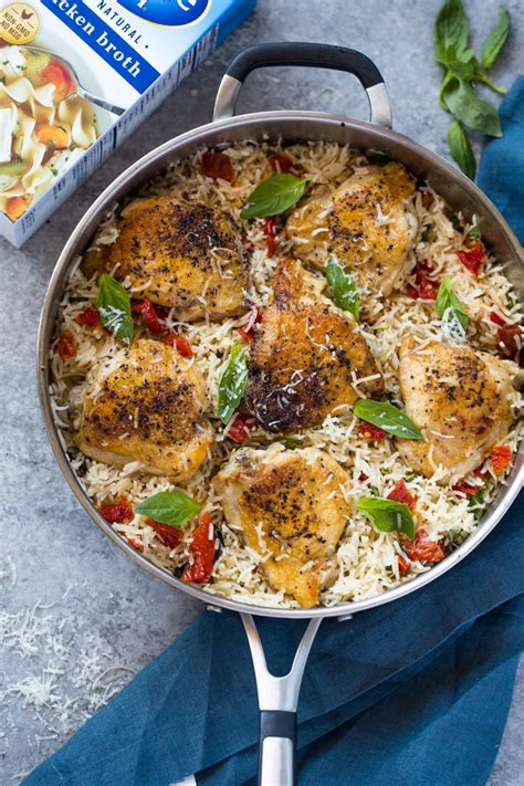 One Pan Chicken And Rice With Sun Dried Tomato Parmesan And Basil