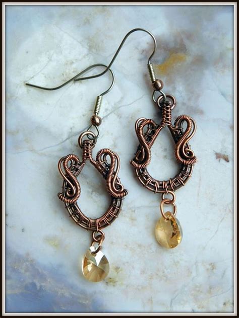 Wire Wrapped Copper Earrings Wire Woven Earrings Swarovski Etsy