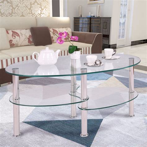 Glass living room coffee tables. Goplus Tempered Glass Oval Side Coffee Table Shelf Chrome ...
