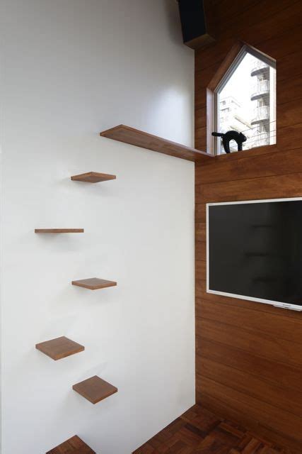 They are usually too short, have to make it easier for the cat to come down from the platform, mount two extra shelves to the wall, and they will act as a staircase. Modern Cat Tree Alternatives For Up-To-Date Pets