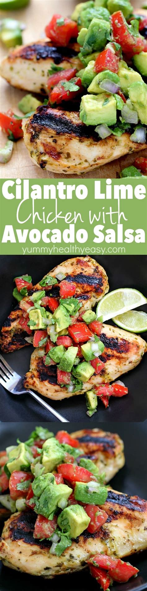 While the chicken cooks, make the avocado topping by combining the diced avocadoes with the shallots, cilantro, lime juice, and salt in a medium bowl. Cilantro Lime Chicken with Avocado Salsa - Yummy Healthy Easy