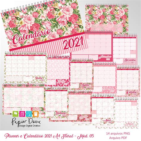 Planner Mensal E Calendário 2021 A4 Floral Modelo 05 Elo7