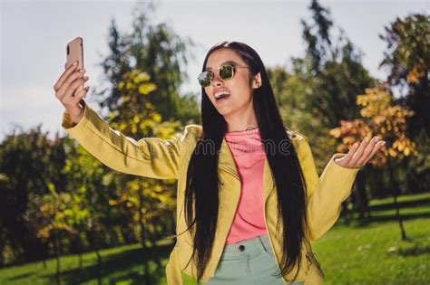 Portrait Of Pretty Positive Girl Take Selfie Hand Palm Showing Trees
