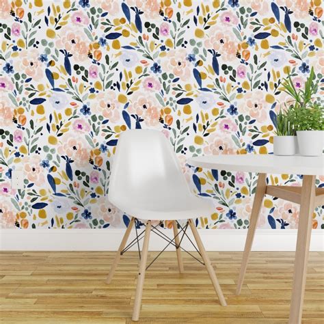Peel And Stick Wallpaper 2ft Wide Floral Flowers Pastel Navy Mustard