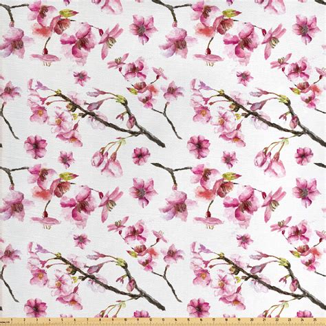 Cherry Blossom Fabric By The Yard Watercolor Style Oriental Pattern