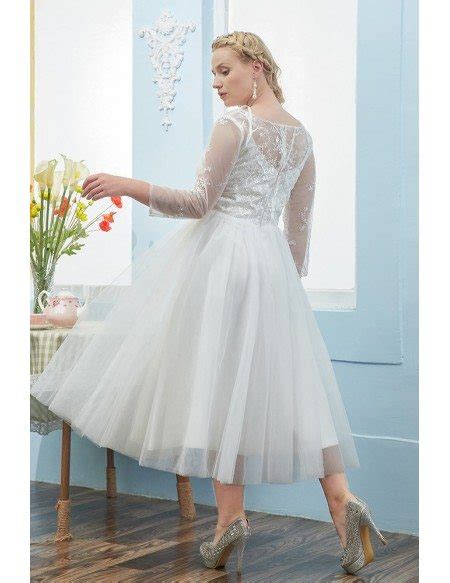 Elegant Plus Size Tulle Tea Length Wedding Dress With Lace Sheer