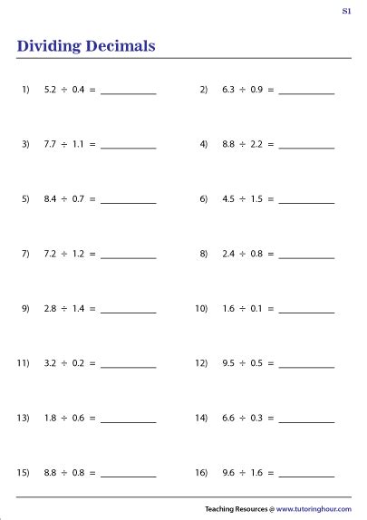 Printable Dividing Decimals Worksheets