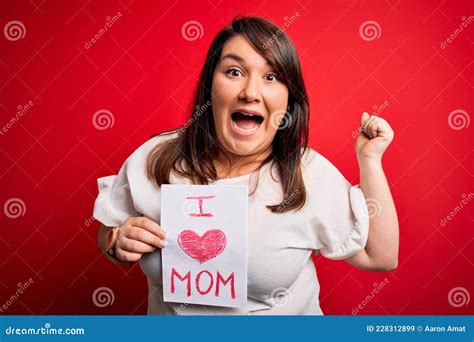 Beautiful Brunette Plus Size Woman Holding Love Mom Message Celebrating Mothers Day Screaming