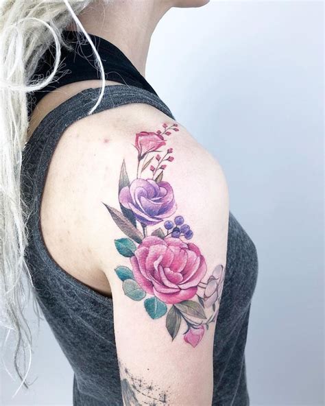 Pink And Purple Floral Tattoo Floral Tattoo Tattoos Shoulder Tattoo