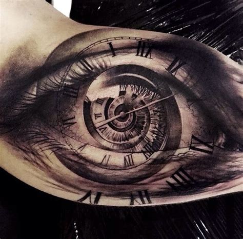 Eye And Spiraling Clock On Guys Bicep