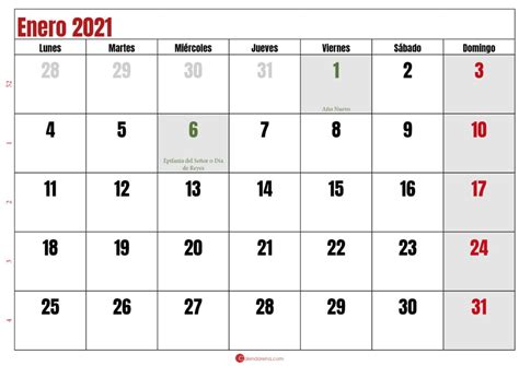 Calendario Enero 2021 España 🇪🇸 Para Imprimir