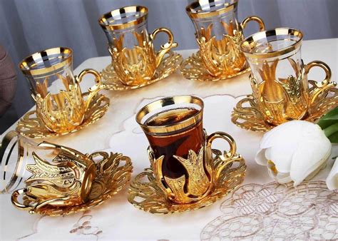24 PC TURKISH Tea Glasses Set With Holder Handles Saucers Spoons Glass
