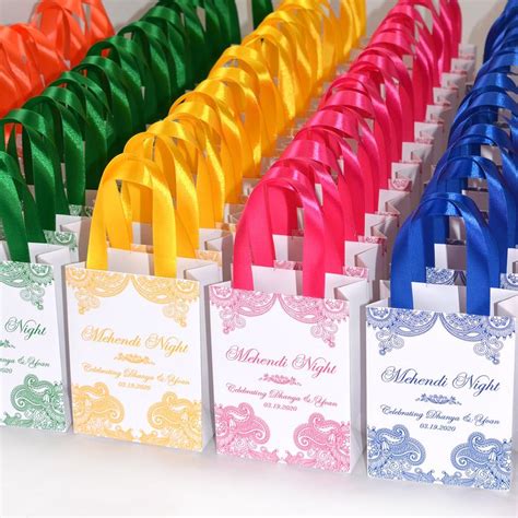 Gifts for husband on wedding night. 25 Mehendi Night gift bags with satin ribbon & your names ...