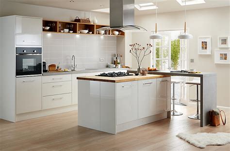 Grey shaker kitchen with wooden worktops b and q online store. Cooke & Lewis Raffello High Gloss White Slab | DIY at B&Q