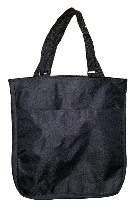 Black Zippered Tote Bag With Expandable Zipper And Outside Pocket