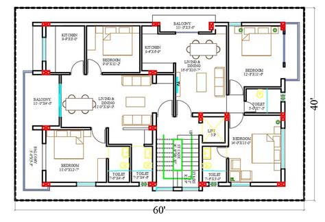 60x40 Ft Apartment 2 Bhk House Layout Plan Cad Drawing Dwg File Cadbull