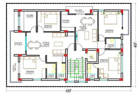 3 sectors bedroom small wardrobe with drawers and mirror. 60X40 FT Apartment 2 BHK House Layout Plan CAD Drawing DWG ...