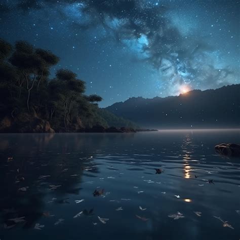 Premium Ai Image Starry Night Sky Over A Lake With A Boat In The