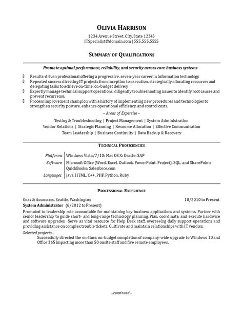 Kostenloses It Work Experience Resume Sample