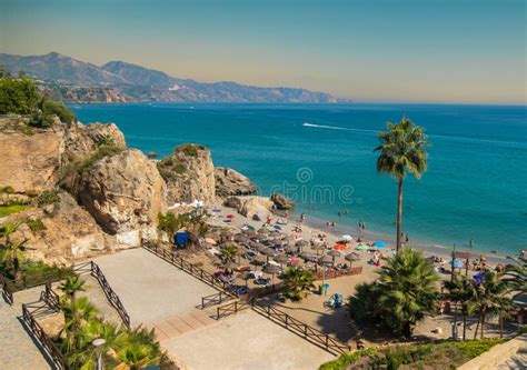 Aerial View Of The Beautiful Beach Of Nerja In Spain Stock Image