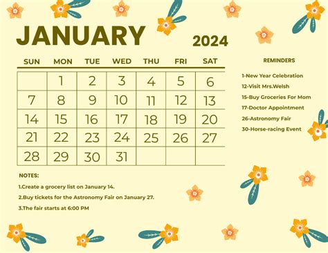 Floral January 2024 Calendar Template Edit Online And Download Example