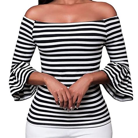 ishowtienda sexy top women off shoulder blouse flared sleeve stripe shirt womens tops and
