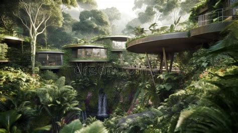 Eco Friendly Treehouse Village Built Within A Lush Rainforest Stock