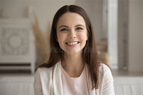 Headshot Portrait Of Millennial Girl Talk On Video Call Stock Image Image Of Look Camera