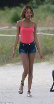 Jourdan Dunn In Denim Shorts And Pink Vest Top During Fashion Shoot