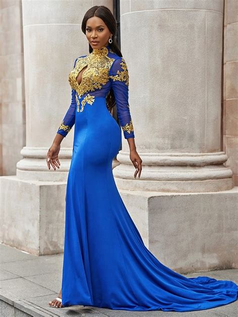 bellasprom royal blue mermaid prom dress slit with gold appliques long sleeves