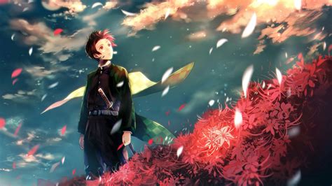 Demon Slayer Tanjirou Kamado Standing With Red Flowers On Front With