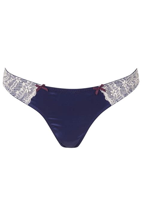 Topshop Womens Satin And Lace Thong Navy Blue In Blue Navy Blue Lyst