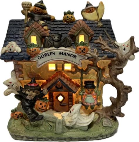 Vintage Halloween Haunted House Lighted Porcelain Ghosts Goblin Manor